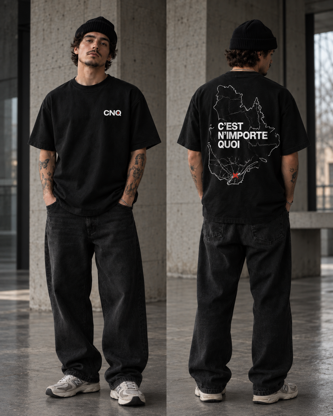 T-shirt graphique CNQ noir porté par un mannequin, vues de face et de dos.